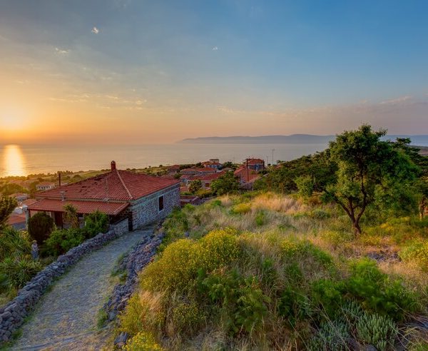 Vista panorâmica de uma encosta com casas de telhados vermelhos e vegetação densa durante o pôr do sol