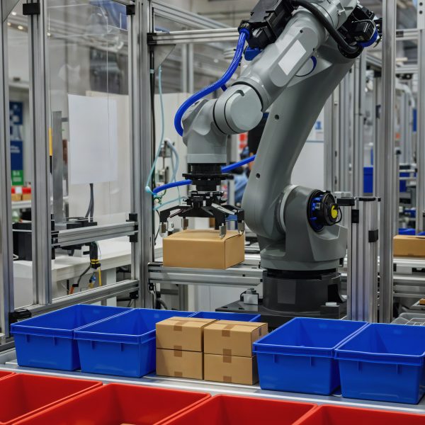 Braço robótico industrial articulado a manipular uma caixa de cartão numa linha de embalagem automatizada com contentores de plástico azuis e vermelhos.