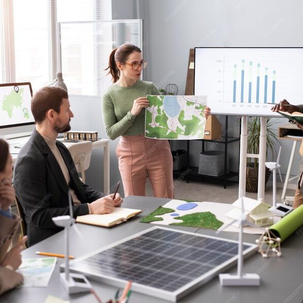 Grupo de investigadores numa reunião de trabalho sobre energias renováveis, com maquetes de turbinas eólicas, painéis solares e mapas topográficos em cima da mesa.