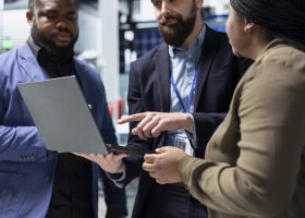 Engineers and building contractor monitoring solar panel systems as part of a collaborative inspection, ensuring green technology, sustainability and industrial standards in the production line.