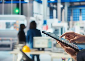 Mãos de um engenheiro a utilizar um tablet para monitorizar o software de diagnóstico numa fábrica