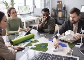 Três designers num estúdio moderno a colaborar